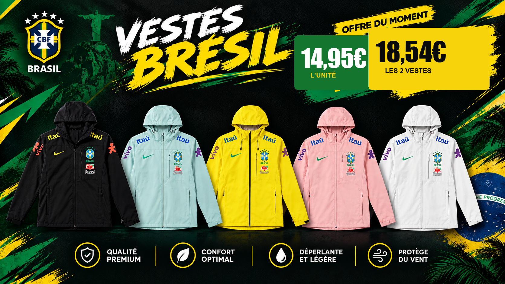 Vestes Brésil — 19,99 € l'unité, les 2 vestes en offre, cinq coloris