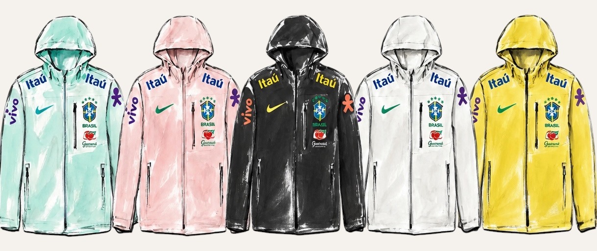 Illustration des vestes Brésil en vert, rose, noir, blanc et jaune